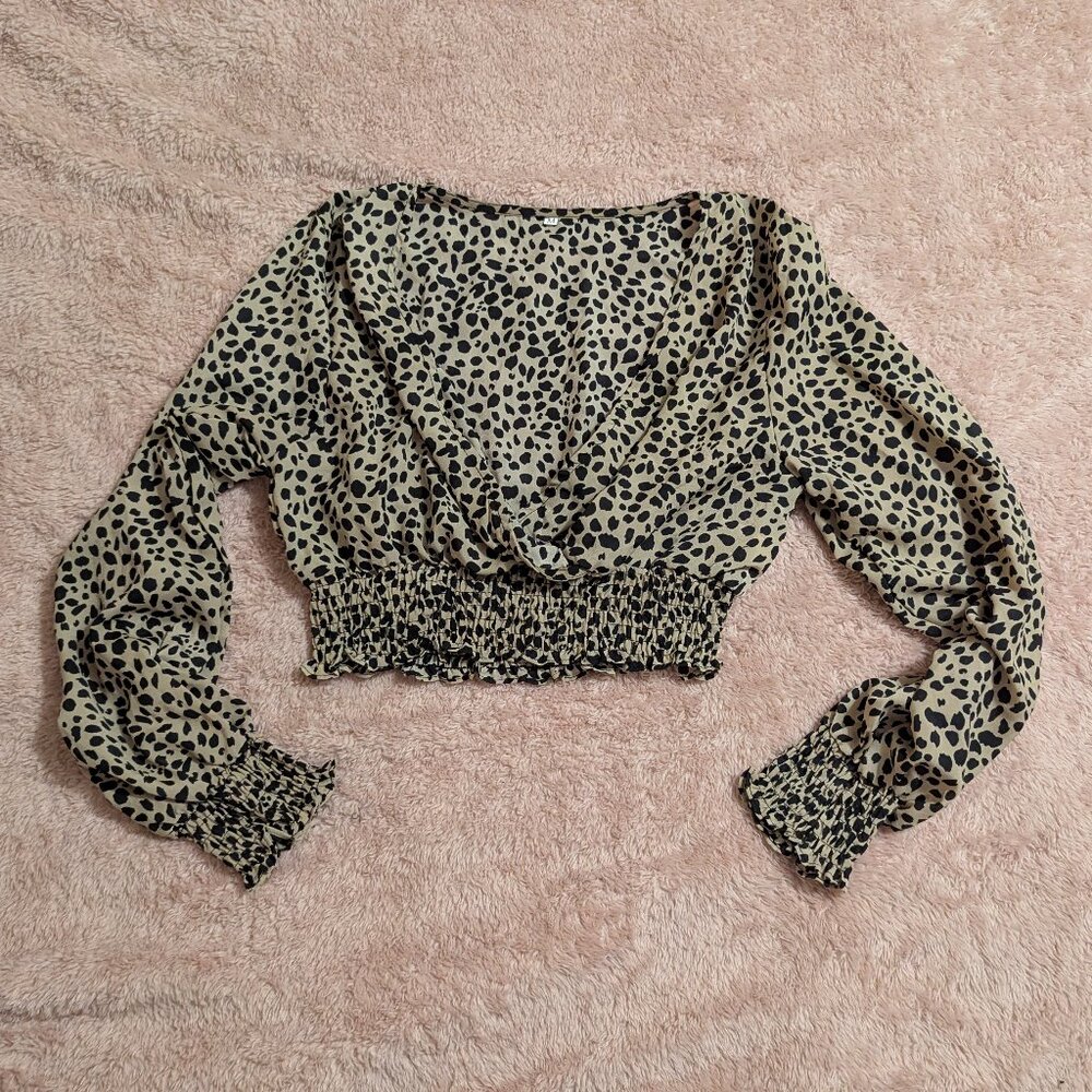 Shein Semi-sheer Leopard-print Open Front Cropped Blouse, Size M